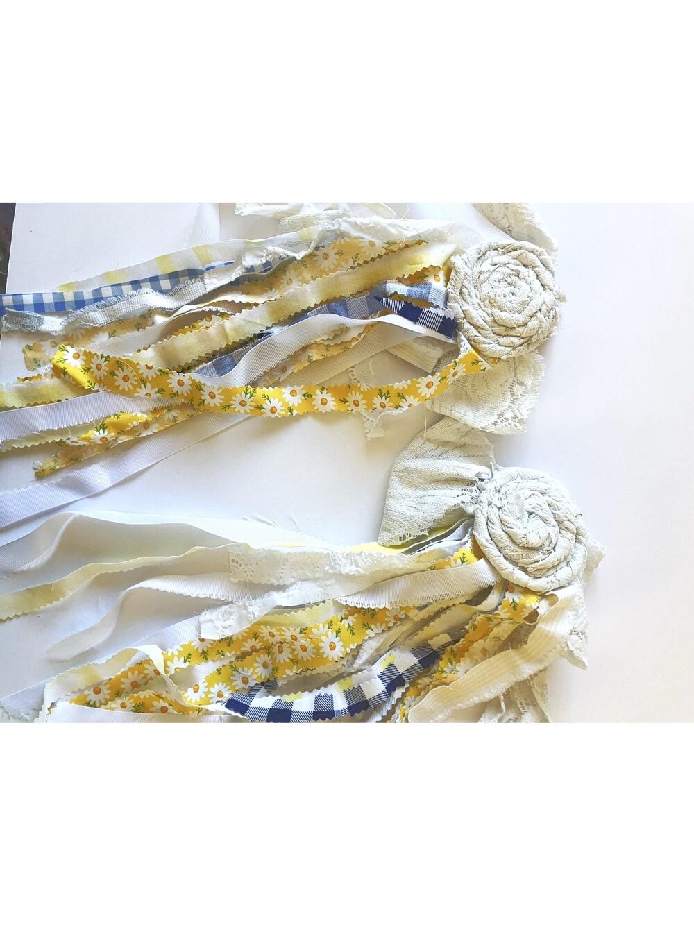 Handmade Double Door Daisy Decor, Lace Flower Door Tassels, Blue Gingham Ribbon